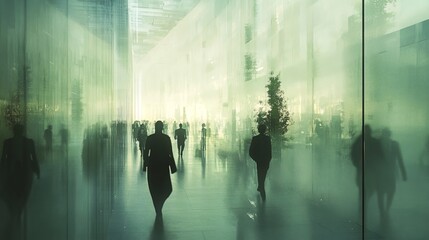 People stroll through a sleek, glass-encased office building, their figures obscured by a hazy filter. 