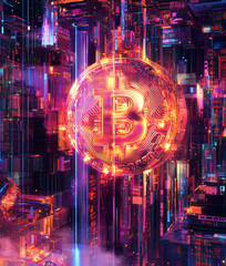 The Bitcoin symbol glows brightly amidst a bustling digital landscape.