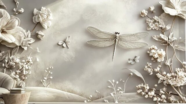 A dragonfly and floral details are featured in this 3D wall art design