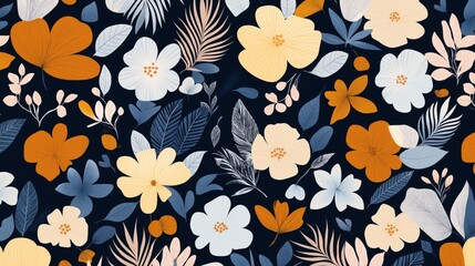 Seamless pattern with orange, blue, and cream floral motifs and leaves on a dark background