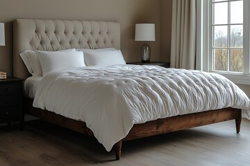 Minimalist, Mid century Modern Interior House A close-up shot of a bed in a bedroom. Generative AI
