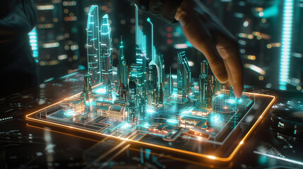 Augmented reality overlay on tablet showing a futuristic cityscape, blending digital technology with the real world.