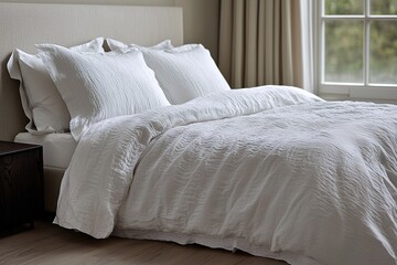 Minimalist, Mid century Modern Interior House A close-up shot of a bed in a bedroom. Generative AI
