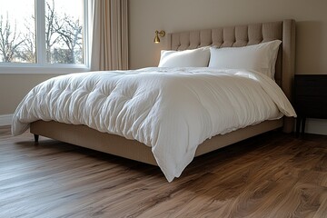 Minimalist, Mid century Modern Interior House A close-up shot of a bed in a bedroom. Generative AI
