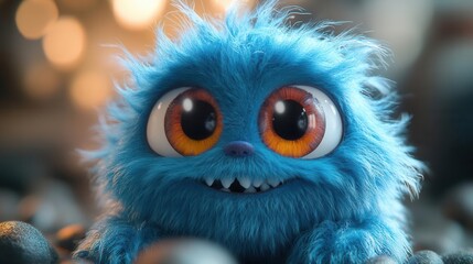 3d cartoon character of a cute blue furry monster with a playful expression, designed with exaggerated features and bright colors, exuding charm and whimsy