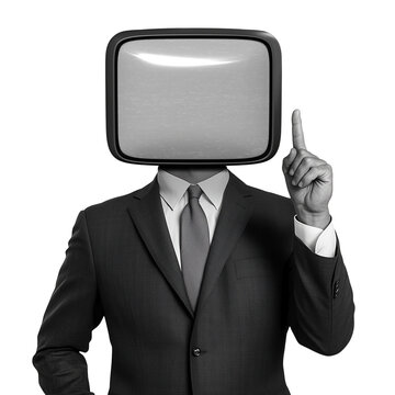 Retro man with television head. Vintage man with television head. Retro collage of a man in a suit with a retro TV for a head. Retro collage for presentation. Transparent background. Media commentary