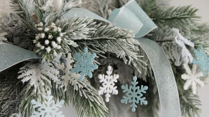 Pine branches covered with a thick layer of snow. The branches are artfully arranged to simulate a snow-covered forest. White and blue snowflakes hanging from the branches shimmer in the light.