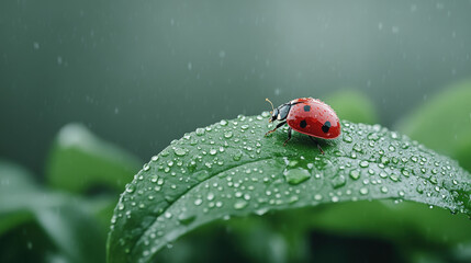 Fototapeta premium Ladybug on raindrop-covered leaf, extreme detail, fresh morning light, vibrant background 