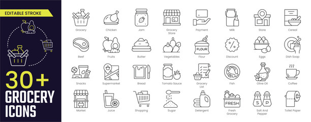 Grocery Stroke icon collections. Containing Grocery, Chicken, Jam, Grocery Store, Payment, Milk, Store, Fruits, Tomato Sauce, and Market icons. Editable Stroke icon collection Outline icon