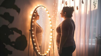 Overweight person standing in front of mirror admiring their reflection with self love and acceptance soft lighting adding glow of positivity