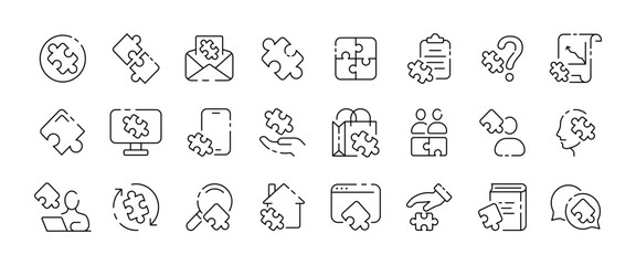 Puzzle icon collection. Puzzles button icons. Design of complexity. Linear style. Vector icons