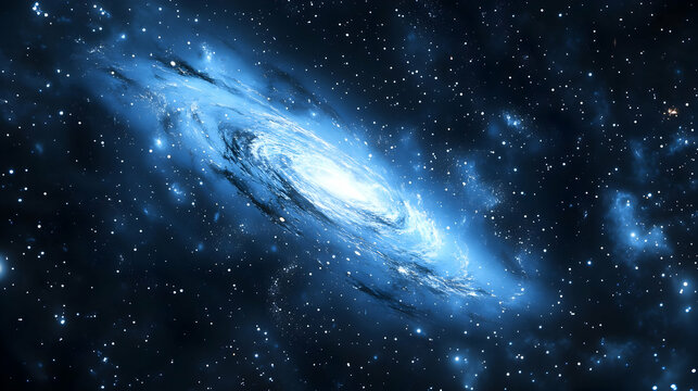 A breathtaking view of a spiral galaxy in deep space, glowing with a bright blue core and swirling arms extending outward. The vast expanse of stars surrounding the galaxy adds depth and grandeur.


