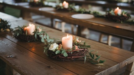 Charming rustic wedding scene with wooden tables decorated with small vine wreaths. On each wreath, a flickering candle emits a warm light combined with an elegant composition of seasonal flowers.