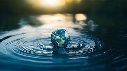 Delicate Balance Planet Earth Reflected in a Hovering Droplet Symbolizing the Importance of Water Conservation