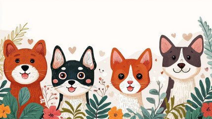 Fototapeta premium Cute cartoon dogs surrounded by colorful flowers and leaves, showcasing joyful and playful atmosphere. Perfect for pet lovers and nature enthusiasts