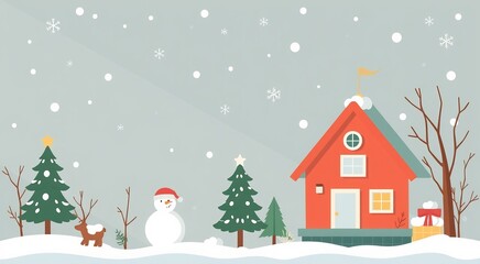 A cozy red house with snow covered roof, a snowman, reindeer, and decorated Christmas trees in a snowy winter landscape.