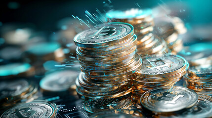 Digital coins transforming into virtual currency, showcasing stacks of shiny coins with futuristic background. image captures essence of cryptocurrency evolution