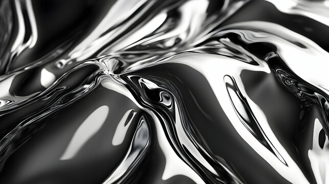 A high-gloss silver and black abstract artwork with fluid chrome-like reflections and dynamic swirls.