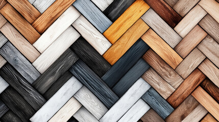 Woven wood tile pattern featuring various shades of brown, gray, and white, creating textured and visually appealing design. Ideal for interior decor and flooring