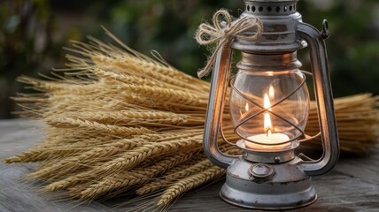 A charming handmade rustic lantern illuminated by a single candle radiates warmth and comfort. Nearby, a bunch of wheat shimmers in the candlelight. With a place for the text.