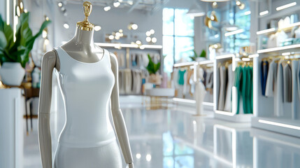 stylish boutique interior featuring mannequin dressed in white outfit, surrounded by elegant clothing displays and lush greenery, creating luxurious shopping atmosphere