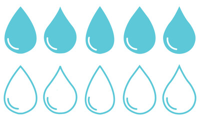 Blue water drop icon set. Flat droplet logo shapes collection. Water drops in defferent shapes. Fill and outline vector illustration isolated on white background.