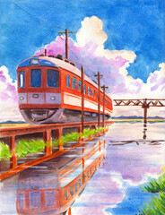 Watercolor and colored pencil illustration of a train traveling on a bulk railway across a lake, with a bridge in the background (This illustration was drawn by hand without the use of generative AI!)