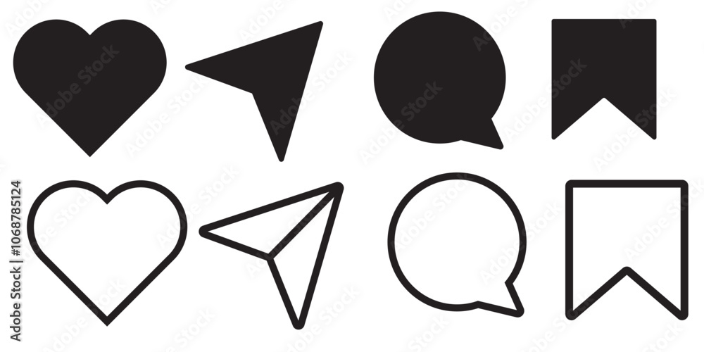 Wall mural icons like comment, share, save, like media button. outline icon heart arrow direct message interfac