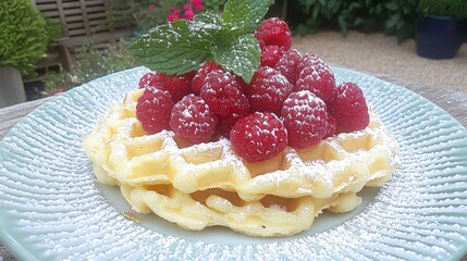 Delicious Waffle Topped with Fresh Raspberries