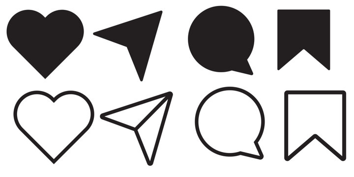 Icons like comment, share, save, like media button. Outline icon heart arrow direct message interface message minimalist