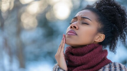 Young woman shivering in the cold winter. Cold weather and frostbite. Winter blues and seasonal affective disorder.