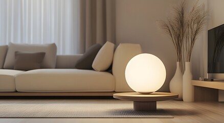 A close-up of a clear glass sphere lamp with frosted edges places an elegant wooden table next to the sofa in a minimalist living room decor. Which complements the aesthetics of the modern home. 