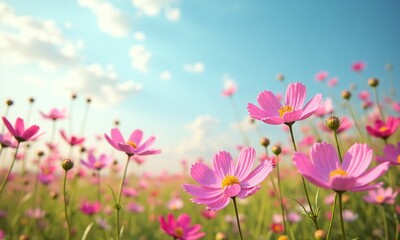 Fototapeta premium Vibrant cosmos flowers Meadow in full bloom Soft
