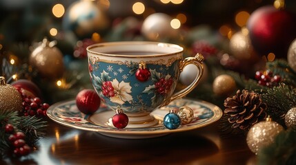 a beautifully designed cup for hot drinks sits elegantly on a festive dinner table, surrounded by seasonal decor, capturing the spirit of merry christmas and a joyous new year celebration