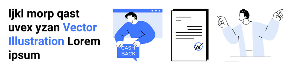 Man holding Cash Back bag, document with seal, professional pointing. Ideal for financial services, business agreements, presentations, e-commerce, education, instructional guides, promotional