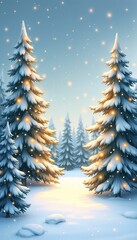 Obraz premium Majestic Snow-Covered Pine Trees with Magical Lights Against Winter Twilight Sky