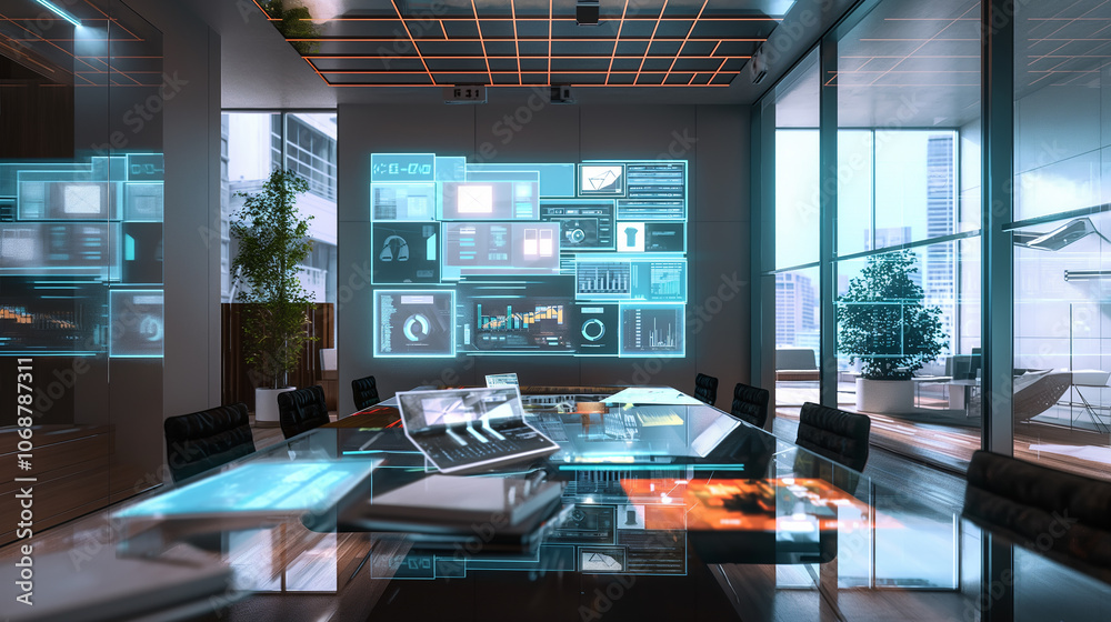 Aufkleber interactive touchscreen with a digital interface for data analytics, surrounded by documents and mod