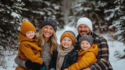 Fototapeta premium Happy family enjoying a winter day in a snowy forest