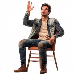 Casual young man of Hispanic descent gesturing with hand while seated on a chair.