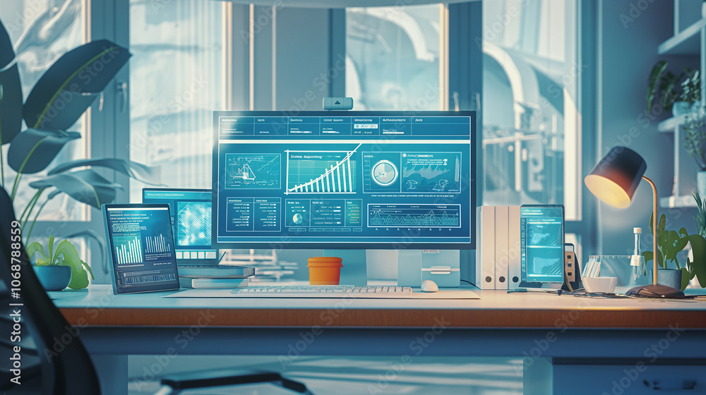 Poster interactive touchscreen with a digital interface for data analytics, surrounded by documents and mod