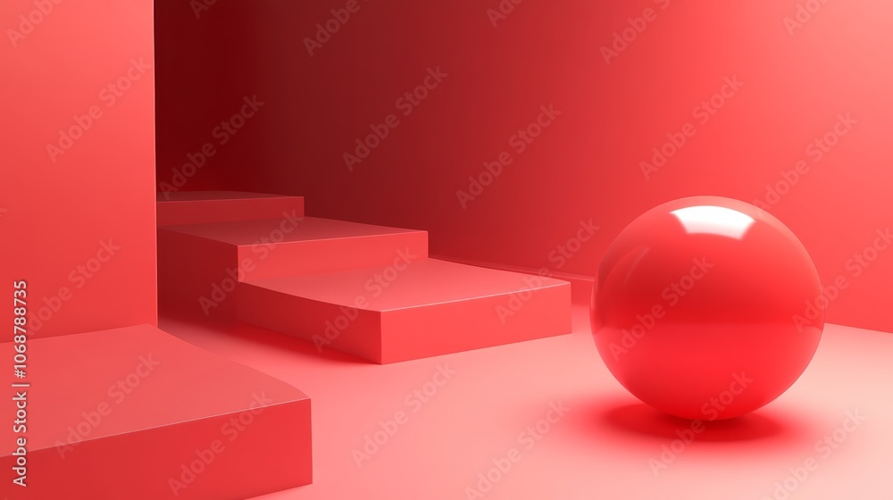 Poster 3d render of a red sphere in a red room with stairs and shadows