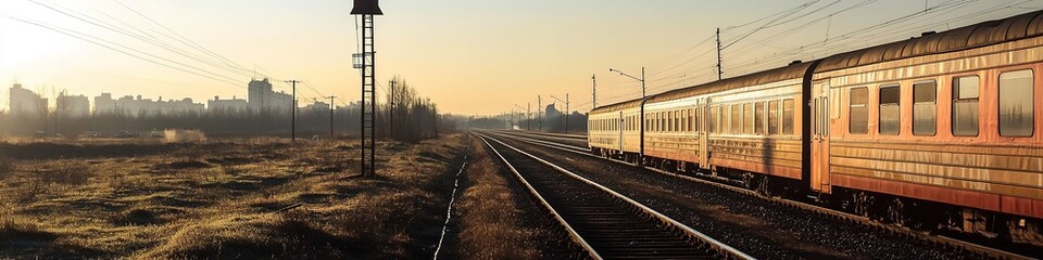 Obraz premium Sunrise over railroad with train and city skyline.
