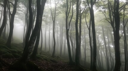 Obraz premium Dense forest shrouded in fog with tall, twisted trees