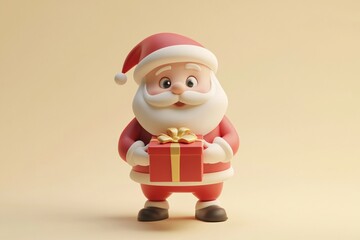 Obraz premium A cheerful Santa Claus figurine holding a beautifully wrapped gift, perfect for celebrating the holiday season in festive decor