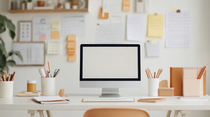 Empty office interior with desk, laptop, monitor, keyboard, and mouse