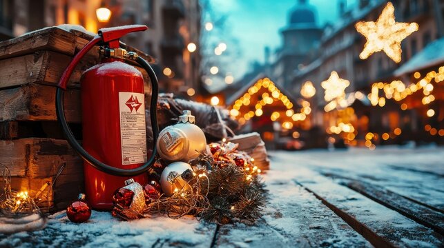 Ensure safety and festivity fire extinguisher cabinet positioned near holiday decor in unstandard settings