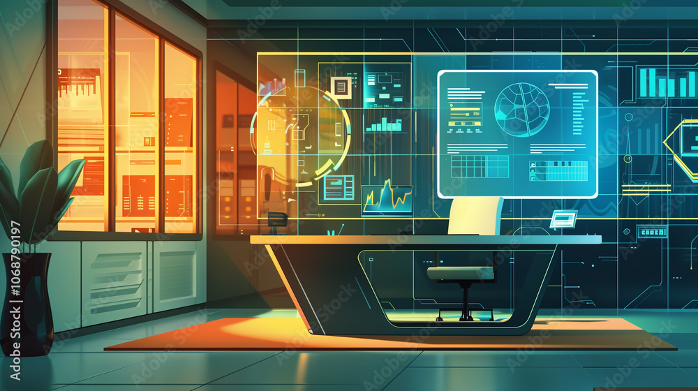 Poster interactive touchscreen with a digital interface for data analytics, surrounded by documents and mod