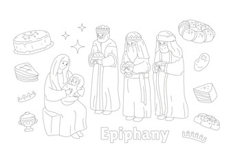 Epiphany coloring book page. Three kings with gifts for Mary and Jesus. Traditional cakes, stars, crowns. Outline vector illustration. Editable stroke. Men in oriental robes, woman with newborn baby