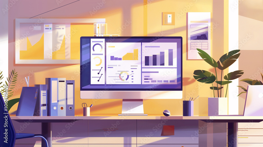 Poster interactive touchscreen with a digital interface for data analytics, surrounded by documents and mod