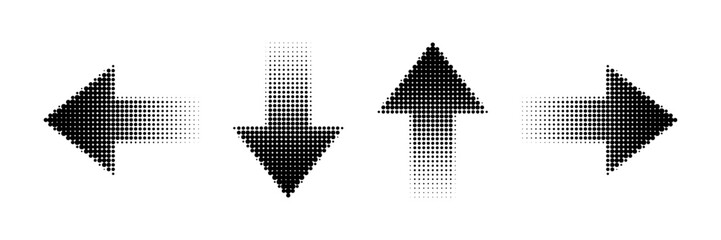 Set of black arrow icons with halftone gradient effect pointing in left, right, up, and down directions. Retro collage elements, pop art navigation symbol. Vector illustration